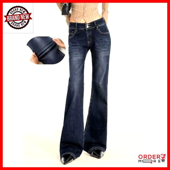 Stretchy Mid Rise Flare Jeans Y2K Bootcut Boyfriend Fit Denim Pants - Picture 2 of 6